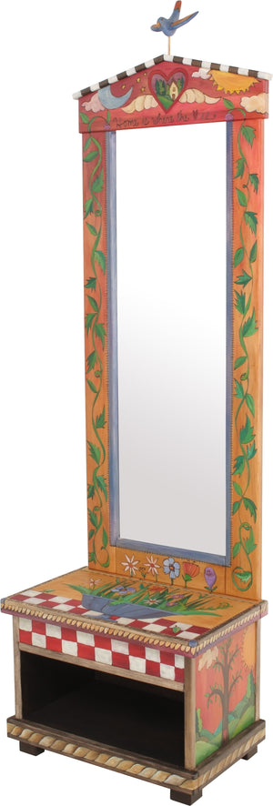 Hall Tree –  "Home is Where the Heart is," beautiful folk art hall tree with mirror and storage bench featuring vine motifs, floral elements and additional symbolic imagery