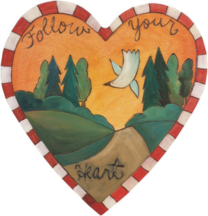 Heart Shaped Plaque –  "Follow Your Heart" heart shaped plaque with landscape, path and dove