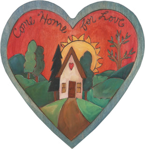 Heart Shaped Plaque –  "Come Home for Love" heart shaped plaque with heart home landscape