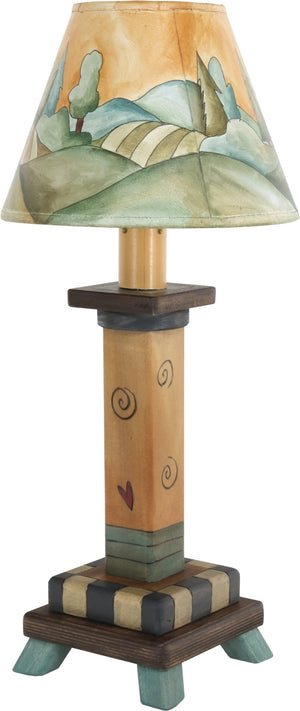 Milled Candlestick Lamp –  Lovely little lamp with a landscape motif filling the shade