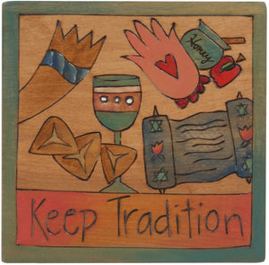 7"x7" Plaque –  "Keep Tradition" Judaica plaque with floating symbols