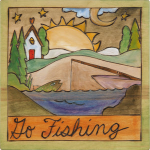 7"x7" Plaque –  "Go fishing" lake and fishing boat motif