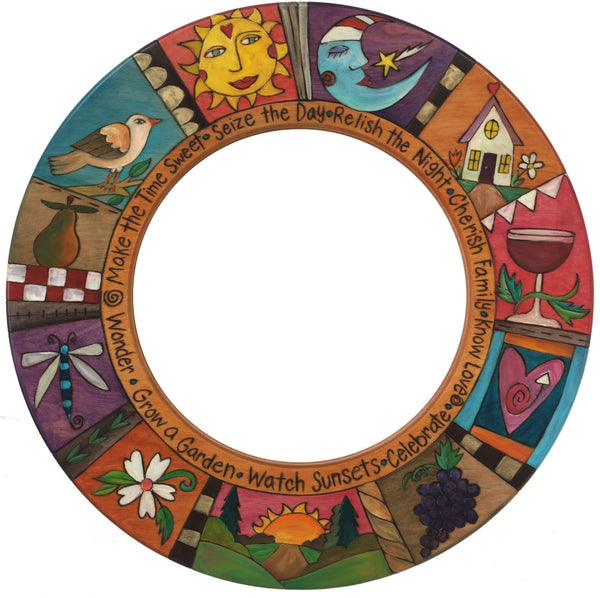 Small Circle Mirror –  "Seize the Day/Relish the Night" circle mirror with smiley sun and sleepy moon motif