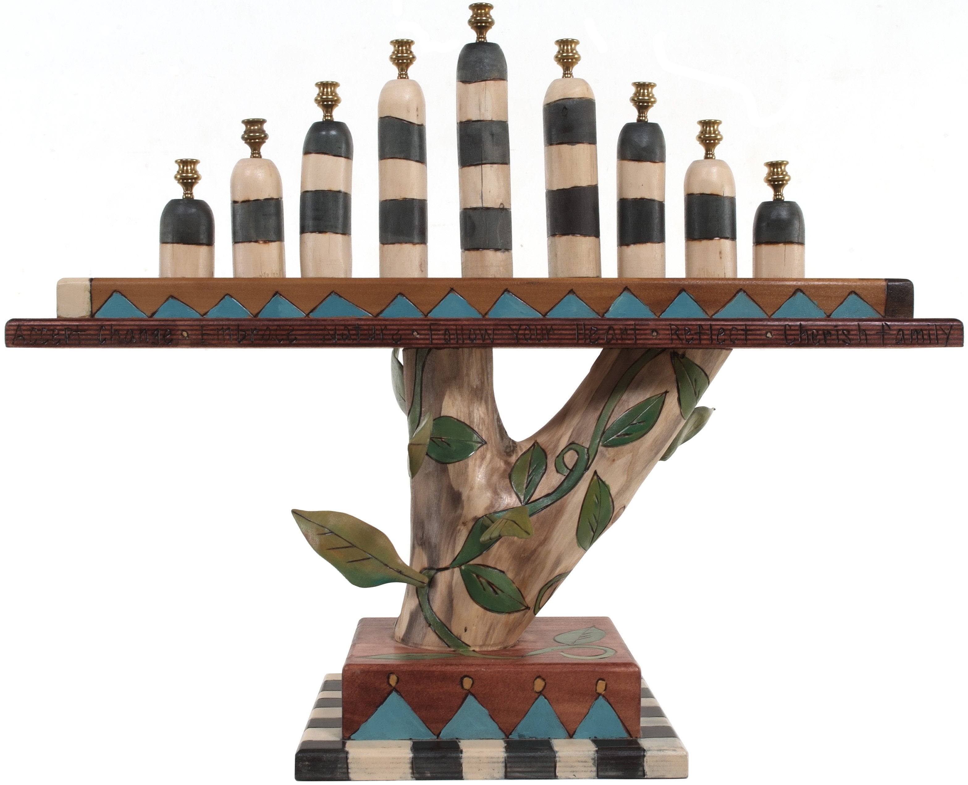 Log Menorah –  Handsome birch menorah with vine elements