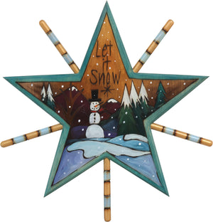 Tree Star –  "Let it snow" snowman in a serene winter wonderland landscape motif