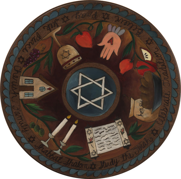 Sticks Handmade 20"D lazy susan with Star of David and Judaica imagery