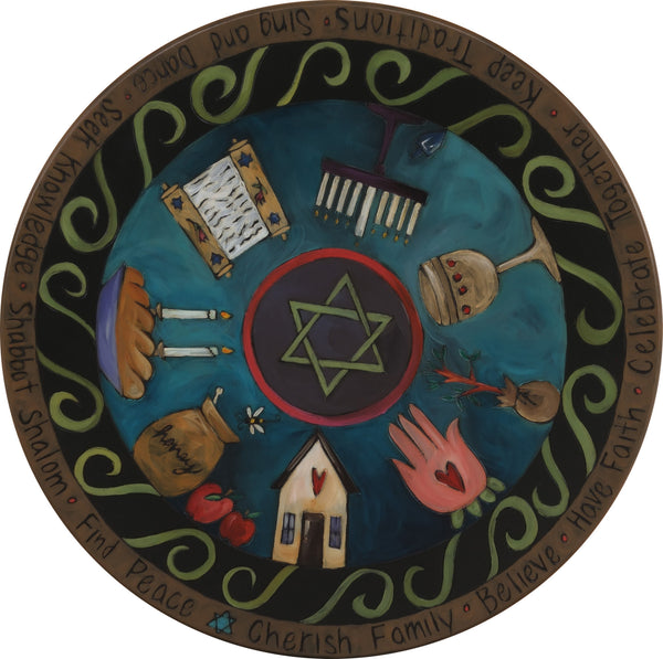 Sticks Handmade 20"D lazy susan with Star of David and Judaica imagery