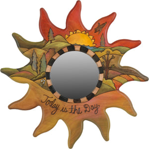 Sun Shaped Mirror –  "Today is the Day" sun-shaped mirror with sunset over the rolling hills motif