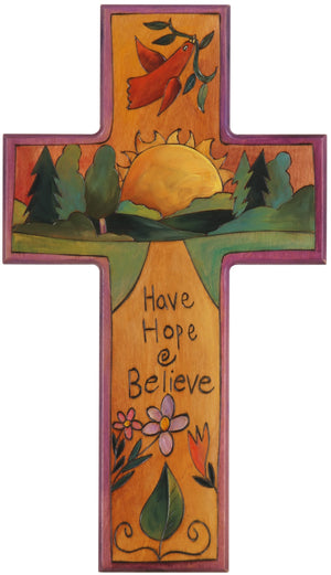 Cross Plaque –  Have Hope and Believe cross plaque with sunset on the horizon motif