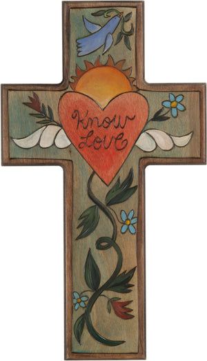 Cross Plaque –  Know Love cross plaque with heart and floral motif