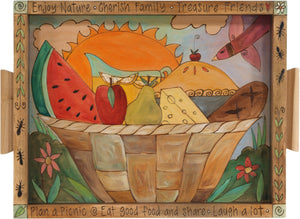Small Rectangular Tray –  Lovely tray with picnic motif and flowering sunrise landscape