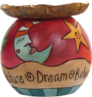 Ball Candle Holder –  Sun and moon and inspirational phrases encircle this candle base
