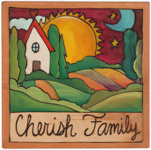 7"x7" Plaque –  "Cherish family" with a farm landscape and home motif