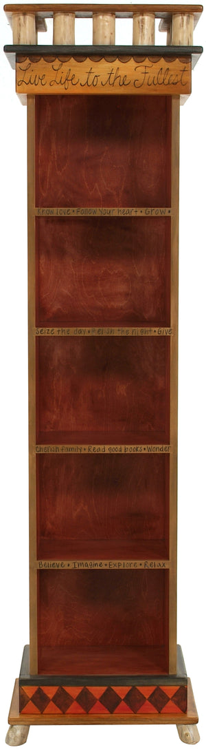 Tall Bookcase –  Warm and elegant folk art bookcase with block icon motifs