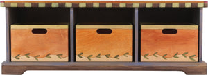 Storage Bench with Boxes –  Playfully colorful storage bench with matching boxes and block icon motif