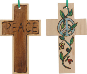 Cross Ornament –  Peace cross ornament with peace sign and vine motif
