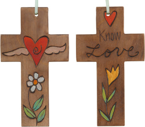 Cross Ornament –  Know Love cross ornament with heart and flower motif