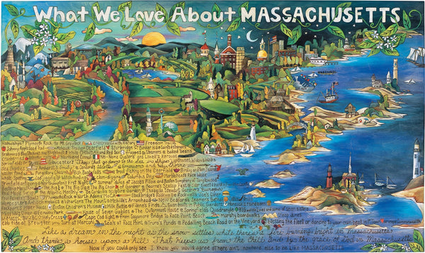 WWLA Massachusetts Lithograph –  "What We Love About Massachusetts" lithograph with beautiful scenes of Massachusetts motif