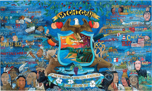Michigan Flag Lithograph –  "If you are Seeking a Beautiful Peninsula, Look Around you" lithograph with Michigan flag motif
