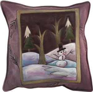Leather Pillow –  Holiday pillow with snowman and winter scene
