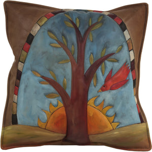 Leather Pillow –  Hand painted tree of life pillow with sunrise