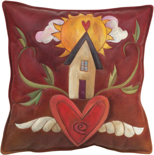 Leather Pillow –  Warm and loving pillow with heart home and sunrise