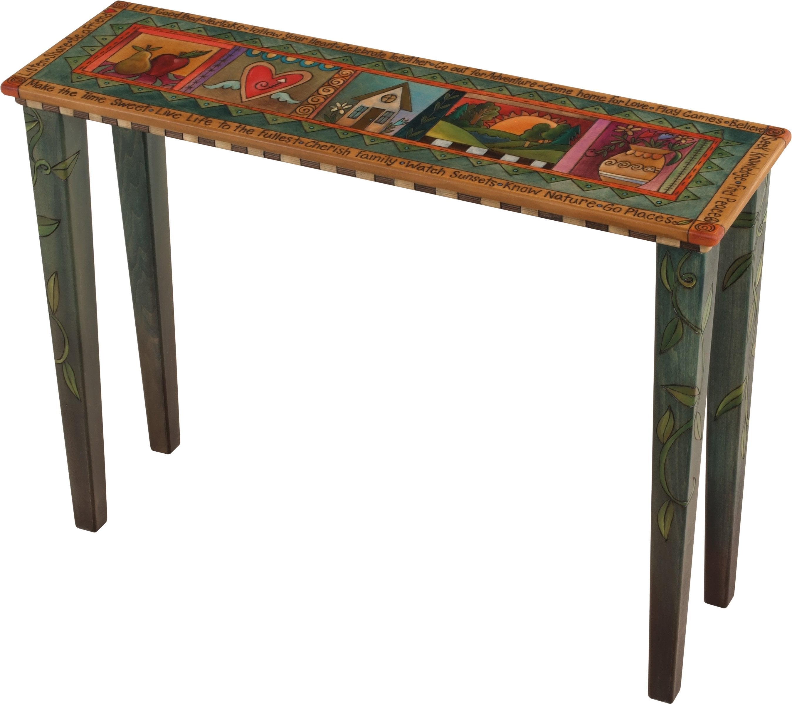 Sticks handmade console table with colorful life icons