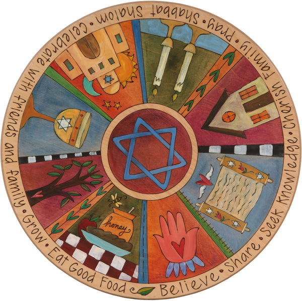 Sticks Handmade 20"D lazy susan with Star of David and Judaica imagery