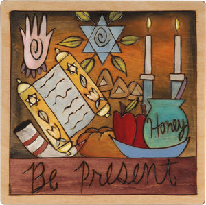7"x7" Plaque –  "Be Present" Judaica plaque with symbolic elements