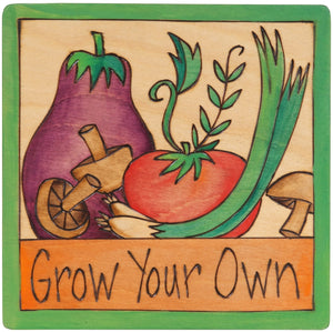 Sticks handmade wall plaque with "Grow Your Own" quote and vegetables and mushrooms
