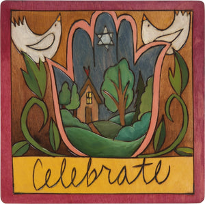 7"x7" Plaque –  "Celebrate" plaque with landscape heart home hamsa and doves