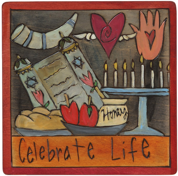 7"x7" Plaque –  "Celebrate Life" Judaica plaque with symbolic elements