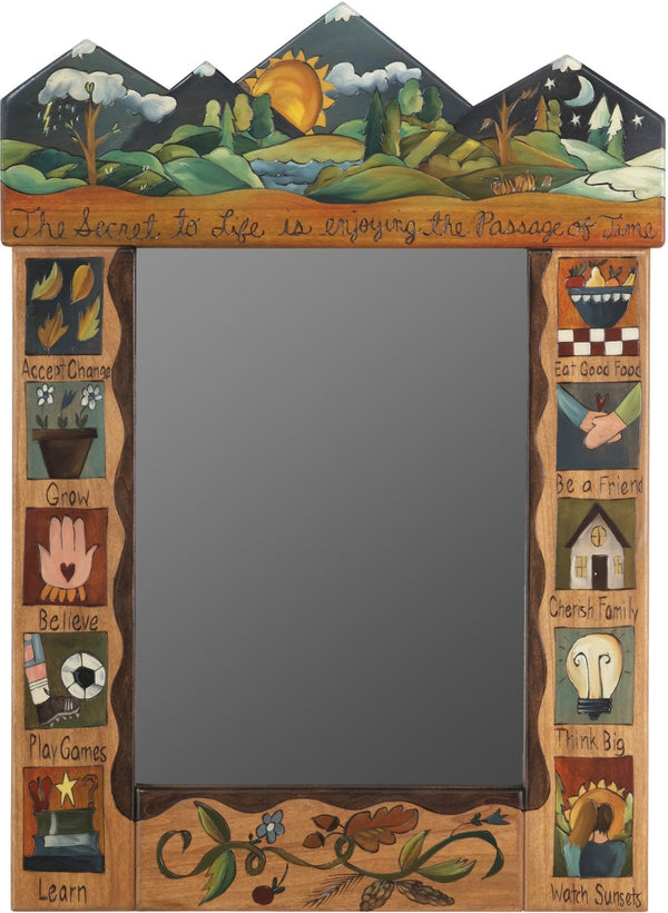 Medium Mirror –  "The Secret to Life is Enjoying the Passage of Time" mirror with sunset on the mountains motif