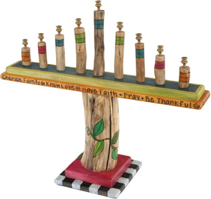 Log Menorah –  Elegant wooden birch menorah with colorful accents