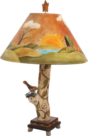Log Table Lamp –  Hand painted landscape table lamp with vine motifs and bird