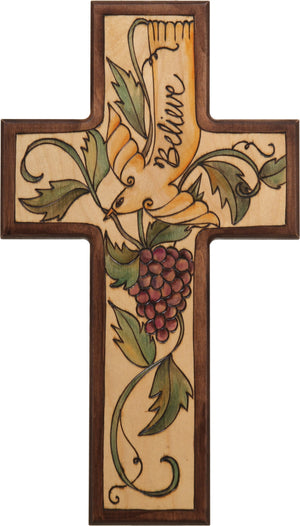Cross Plaque –  Believe cross plaque with dove and grape vine motif