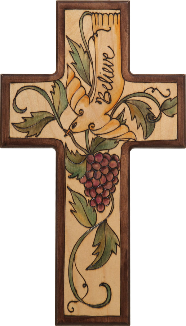 Cross Plaque –  Believe cross plaque with dove and grape vine motif