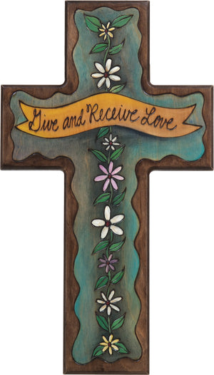 Cross Plaque –  Give and Receive Love cross plaque with blue themed floral motif