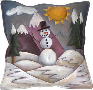 Leather Pillow –  Holiday pillow with snowman in a winter scene, mountains and a sunny sky