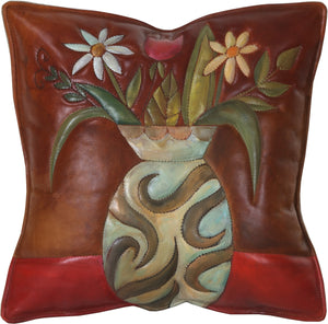 Leather Pillow –  Vase pillow with floral motif and rich, warm hues