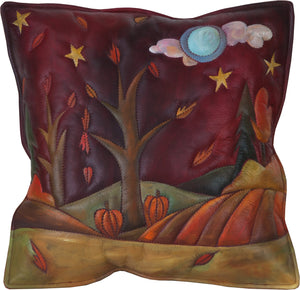 Leather Pillow –  Fall landscape pillow painted in rich and warm hues