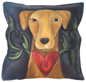 Leather Pillow –  Dog pillow with a heart and vine motif