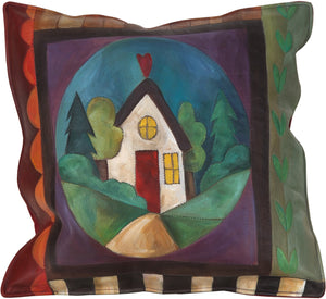 Leather Pillow –  Heart home pillow bordered by colorful blocks and patterns