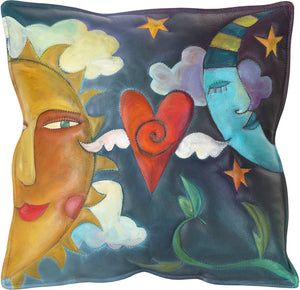 Leather Pillow –  Hand stitched and painted pillow with sun and moon lovers motif