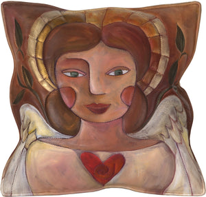 Leather Pillow –  Beautiful hand painted and stitched pillow with loving angel