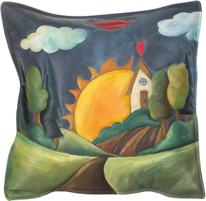 Leather Pillow –  Beautiful landscape theme pillow with heart home and sunrise