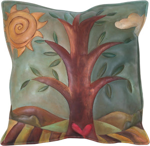 Leather Pillow –  Tree of life pillow with landscape and sun motif