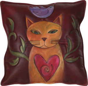 Leather Pillow –  A cute kitty with a bird perched on its head