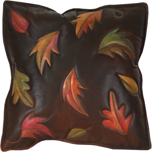 Leather Pillow –  Beautiful hand painted fall pillow with floating colorful leaves