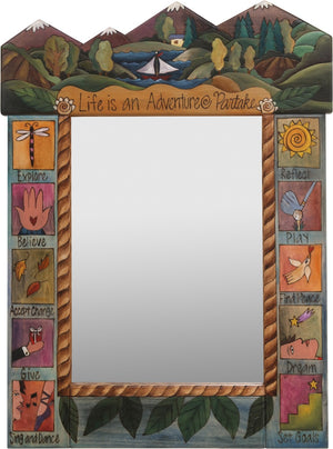 Medium Mirror –  "Life is an Adventure/Partake" mirror with sailboat on a lake in the woods motif